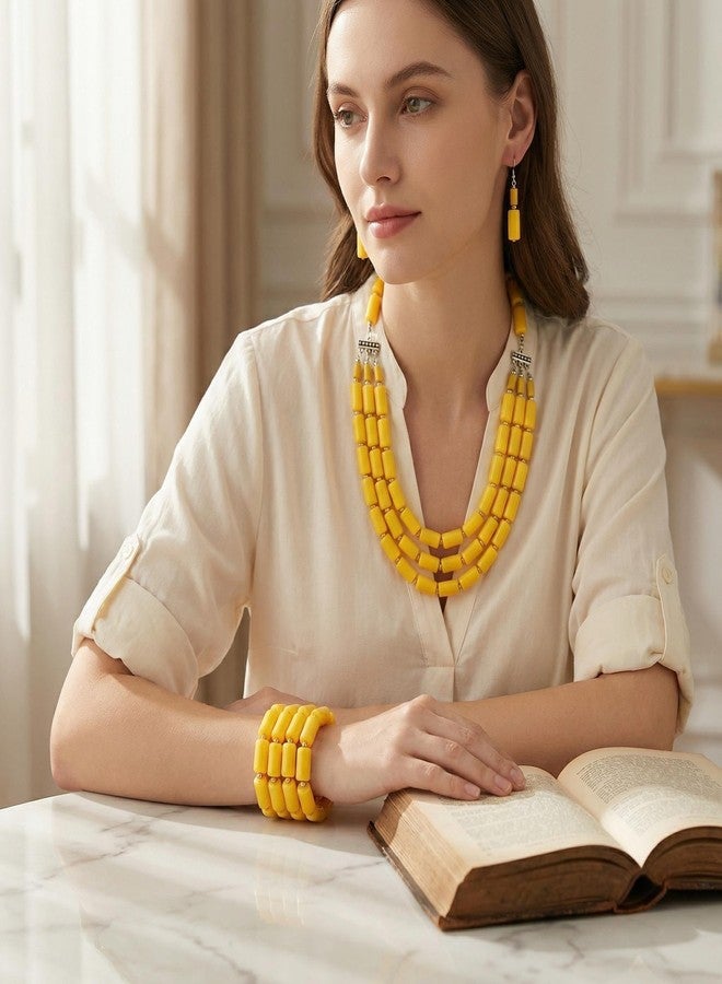 Izpack Jewelry Set for Women Multi Layered Acrylic Beaded Strand Cluster Necklace Dangle Hook Earrings Bracelet Chunky Statement Boho Beads Accessory Jewelry 3Pcs (Yellow) - Image 2