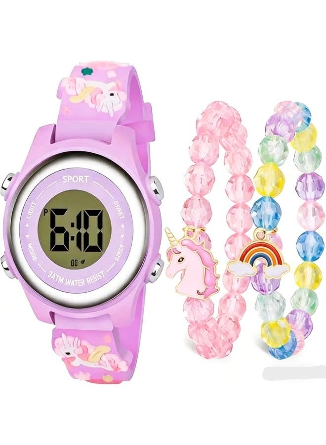 3 PCS Kids Unicorn Watch Cartoon Bracelet Toddler Digital Light Watches with Alarm Stopwatch Gift for 3-10 Year Girls - Image 1
