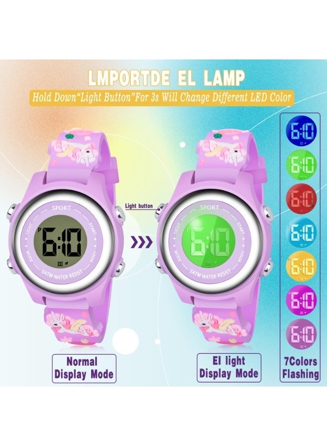 3 PCS Kids Unicorn Watch Cartoon Bracelet Toddler Digital Light Watches with Alarm Stopwatch Gift for 3-10 Year Girls - Image 4