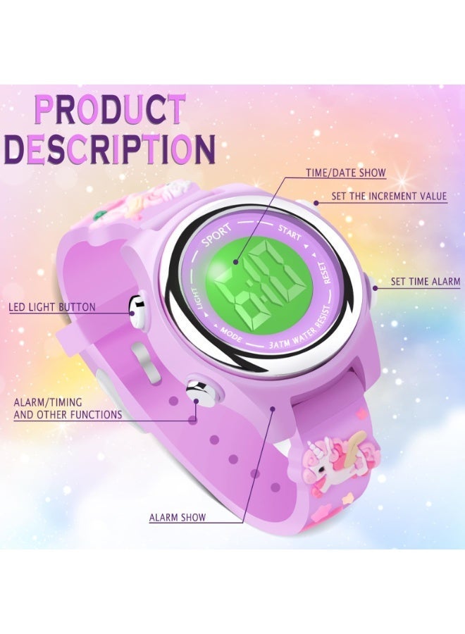 3 PCS Kids Unicorn Watch Cartoon Bracelet Toddler Digital Light Watches with Alarm Stopwatch Gift for 3-10 Year Girls - Image 3