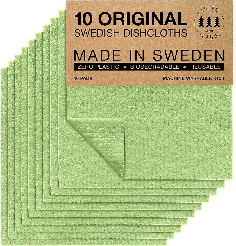 SUPERSCANDI 10 Pack Swedish Dishcloths for Kitchen - 100% Biodegradable & Compostable Reusable Paper Towels Washable, Food-Safe & Without Plastic - Dish Rags Suitable for Any Surface, Apple Green - Image 1