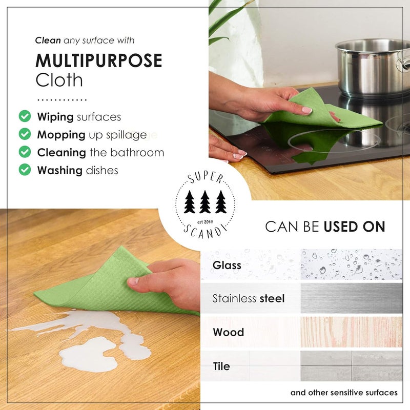 SUPERSCANDI 10 Pack Swedish Dishcloths for Kitchen - 100% Biodegradable & Compostable Reusable Paper Towels Washable, Food-Safe & Without Plastic - Dish Rags Suitable for Any Surface, Apple Green - Image 2