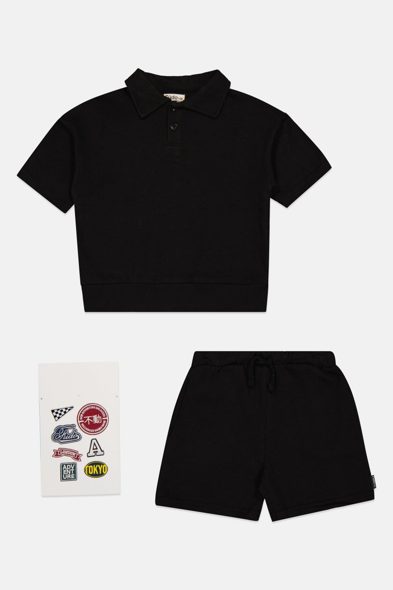 Fudo Kids Boy 3 Pieces Polo Shirt With Bottom And Patches Set, Black - Image 2