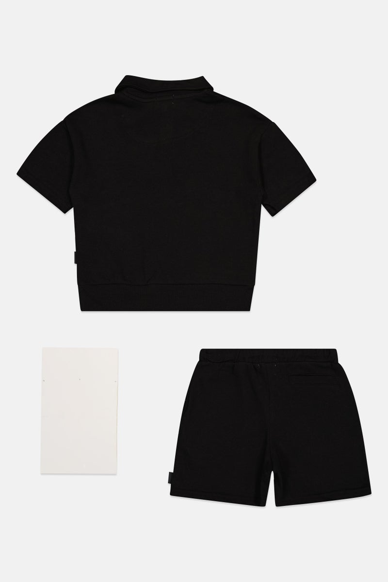 Fudo Kids Boy 3 Pieces Polo Shirt With Bottom And Patches Set, Black - Image 3