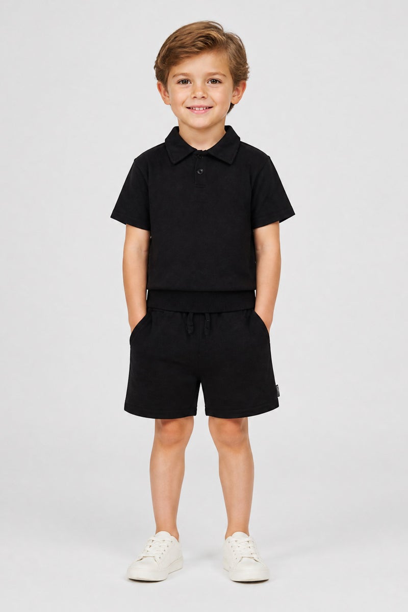Fudo Kids Boy 3 Pieces Polo Shirt With Bottom And Patches Set, Black - Image 1