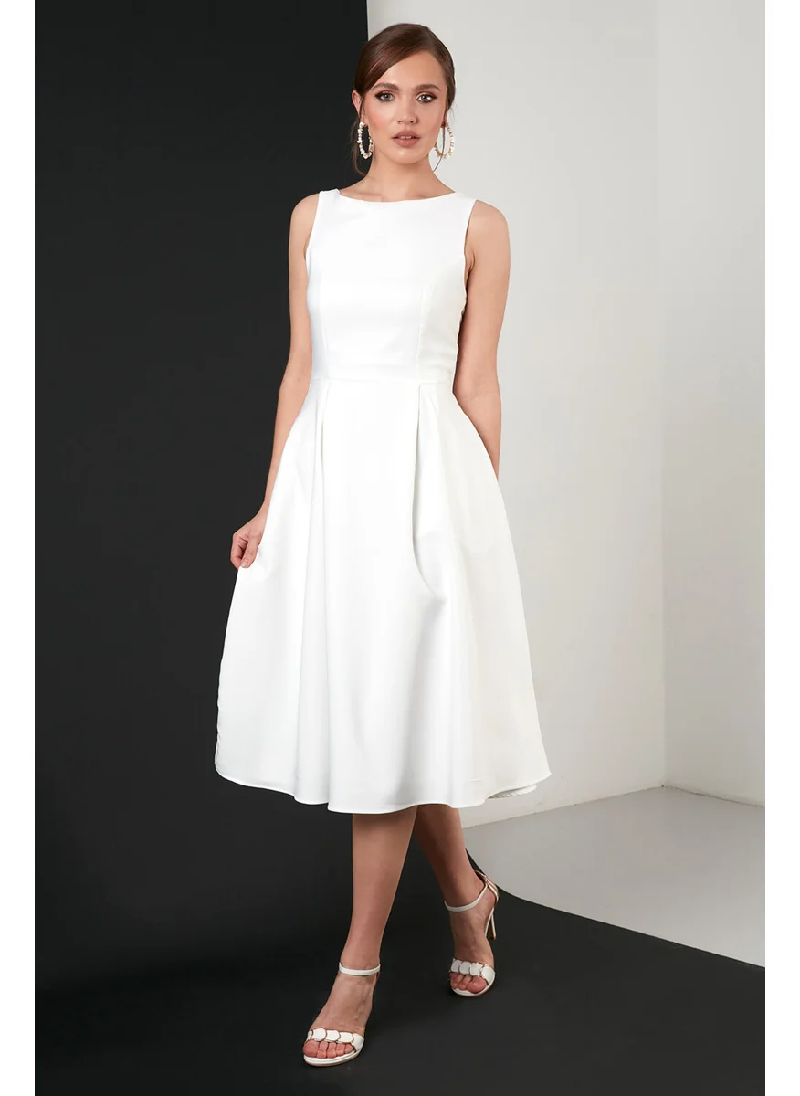 ليلا Crew Neck Pocket Pleated Midi Dress Women's Dress 6051963