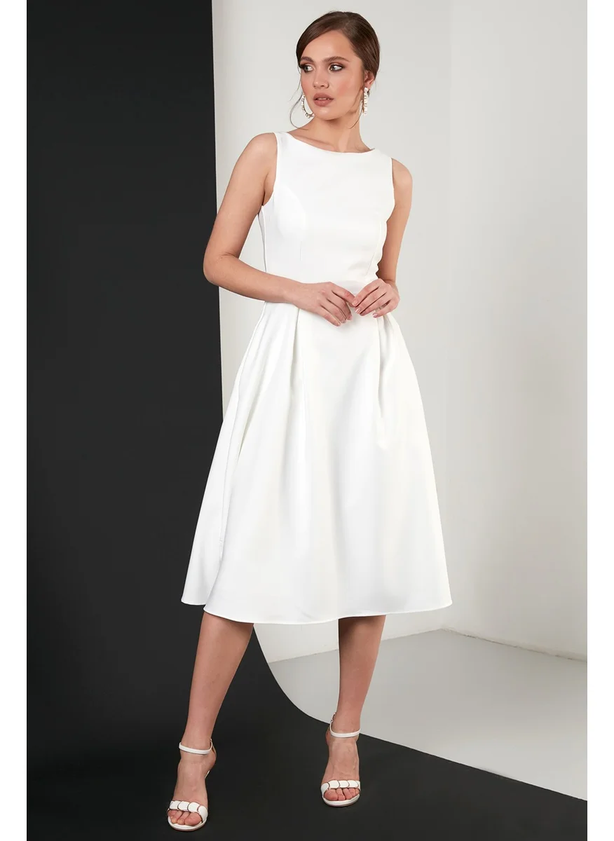 ليلا Crew Neck Pocket Pleated Midi Dress Women's Dress 6051963