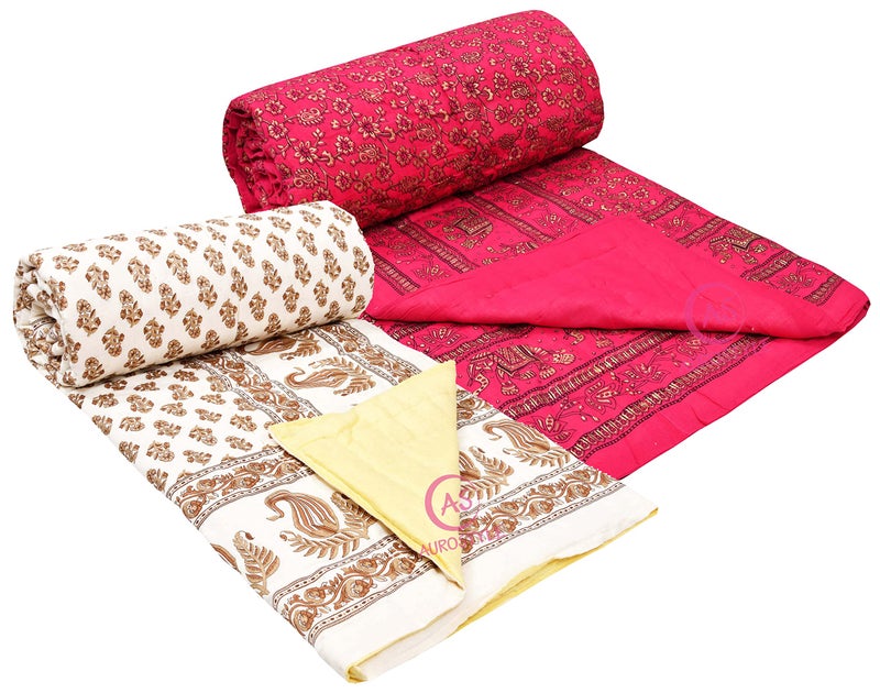 WORLDNEX 400 TC Pure Cotton Jaipuri Design Printed Light Weight Traditional Rajasthani Print Single Bed Quilt/Razai/Rajai (Design 16, Single Bed - Set of 2 Combo Set) - Image 2