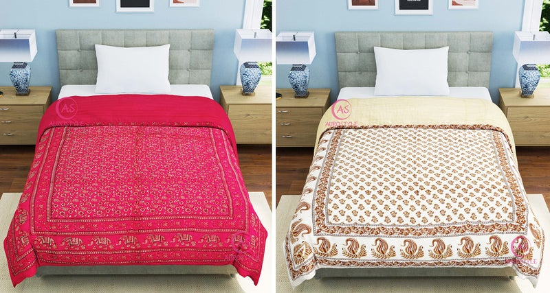 WORLDNEX 400 TC Pure Cotton Jaipuri Design Printed Light Weight Traditional Rajasthani Print Single Bed Quilt/Razai/Rajai (Design 16, Single Bed - Set of 2 Combo Set) - Image 5