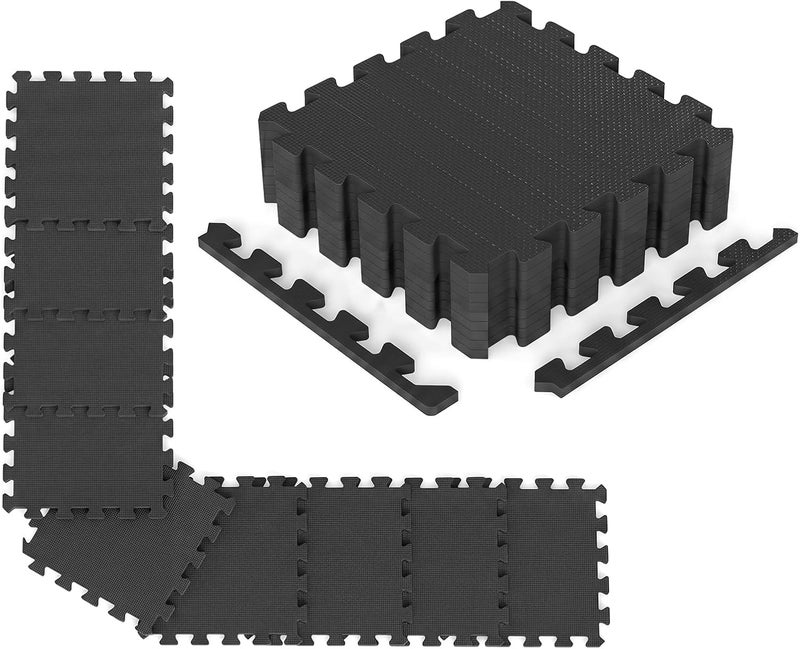 Giantex 18 PCS Interlocking Exercise Mat, 18 Sq.Ft EVA Foam Floor Tiles with Borders, 0.4" Thick Non-Slip Puzzle Workout Mats, Protective Gym Flooring for Home Gym, Garage, Basement, Black - Image 1