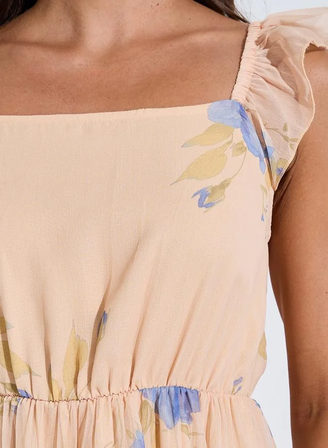 Styli  Peach Floral Print Square Neck Ruffle Details Maxi Dress for Women | Best Price UAE