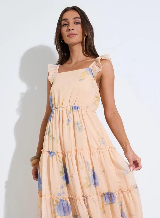 Styli  Peach Floral Print Square Neck Ruffle Details Maxi Dress for Women | Best Price UAE