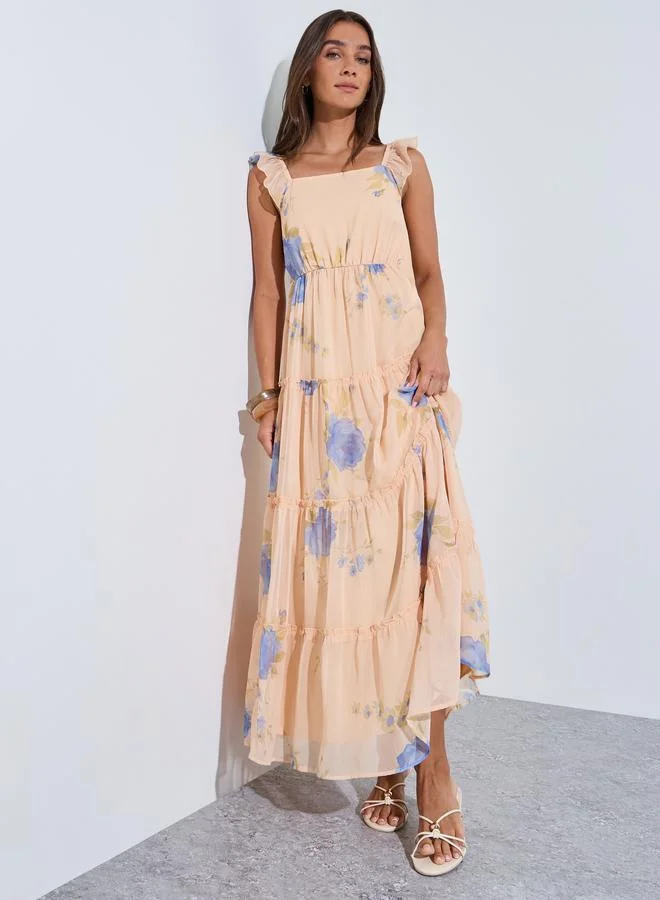 Peach Floral Print Square Neck Ruffle Details Maxi Dress