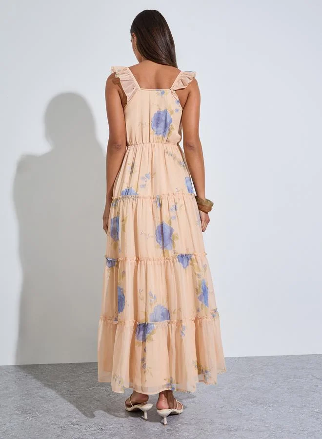Styli  Peach Floral Print Square Neck Ruffle Details Maxi Dress for Women | Best Price UAE