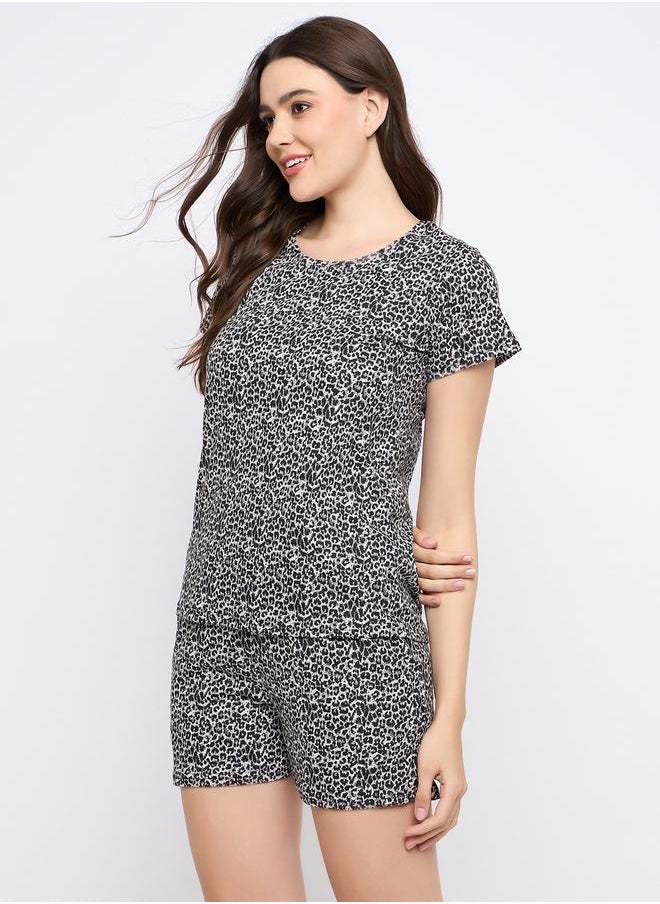 Clovia Animal Print  Round Neck Top and Shorts Pyjama Set by Styli  - Image 4