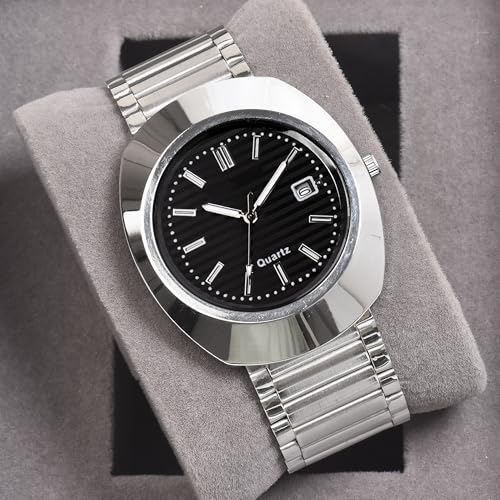 SWADESI STUFF Men's Black Stylish Analog Watch with Date Display | Stainless Steel Silver Strap (Black) - Image 3
