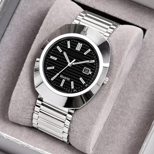 SWADESI STUFF Men's Black Stylish Analog Watch with Date Display | Stainless Steel Silver Strap (Black) - Image 4