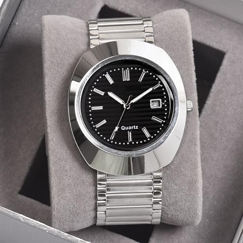 SWADESI STUFF Men's Black Stylish Analog Watch with Date Display | Stainless Steel Silver Strap (Black) - Image 2