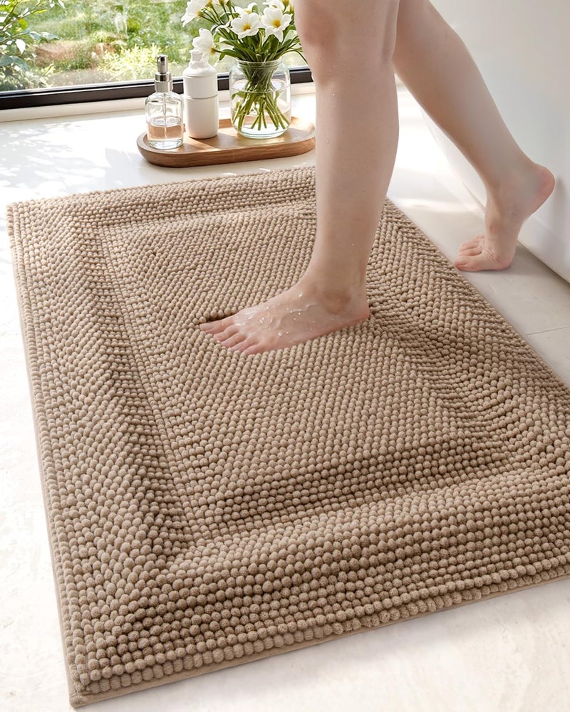 DEXI Bath Mats for Bathroom 16x24 Non Slip Washable Bathroom Rug Thick Soft Chenille Absorbent Bathmat for Shower Floor Fluffy Shaggy Carpet for Tub Beige