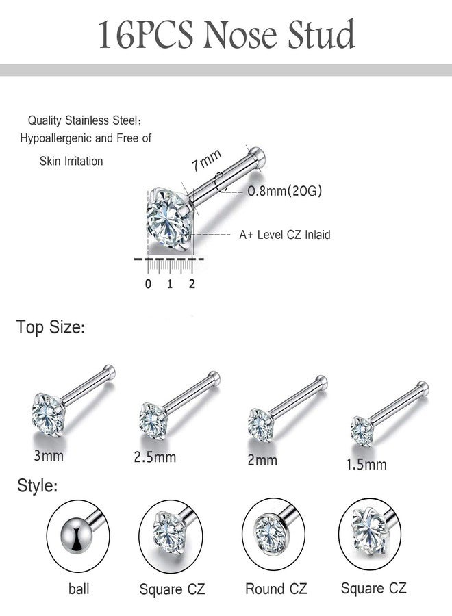 Monily 20g Nose Ring Surgical Steel 16pcs 20g Stainless Steel Nose Ring Stud for Women Straight Bar Nose Stud 1.5 mm 2 mm 2.5 mm 3 mm CZ Body Piercing for Women Men - Image 5