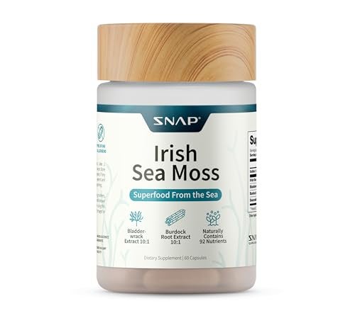 Snap Supplements Irish Sea Moss with Bladderwrack Burdock Root Iodine Natural Sea Moss Supplement to Support Gut Health Energy HealthyLooking Skin 60 Vegan Capsules 1 Month Supply