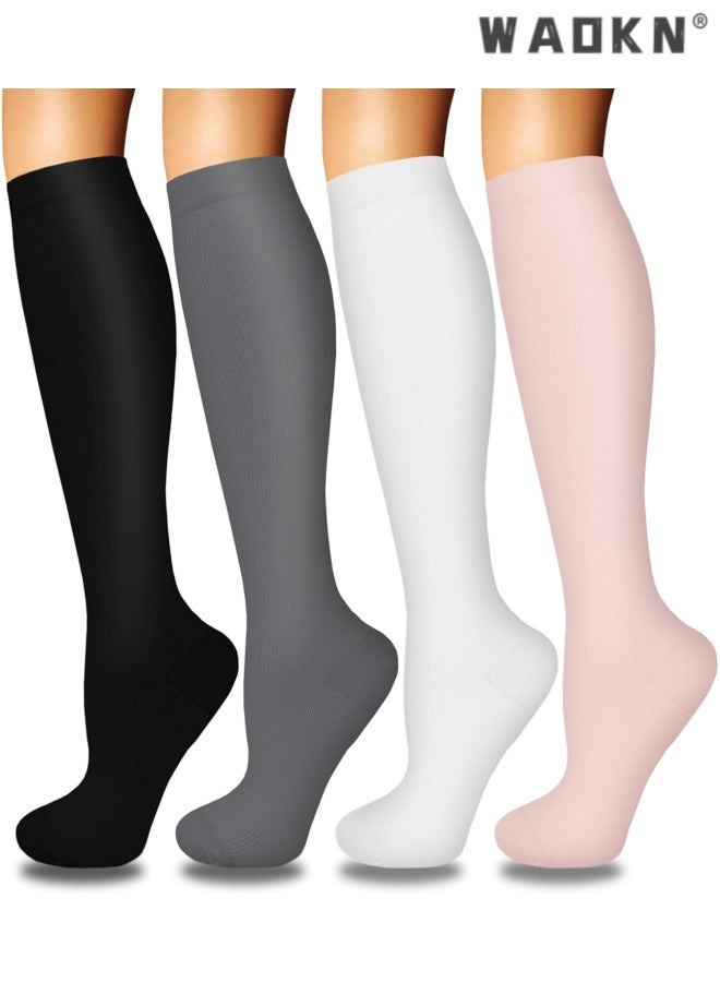 WAOKN 4 Pairs Compression Socks for Women Circulation-Best Support for Nurses,Running,Athletic,Travel ,Antibacterial sweat absorbing knee high socks , Comfortable slimming effect , easy to clean , white ,grey black ,pink . - Image 1