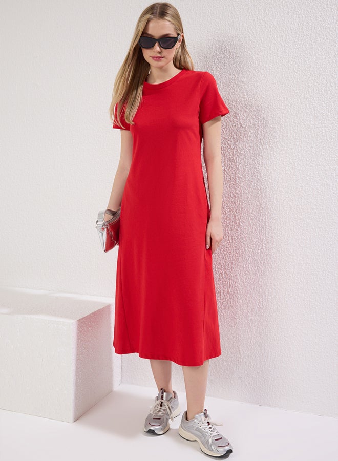 trendyol Red Plain T-shirt Dress Pocket Detailed Midi Stretch Knit Dress - Image 2