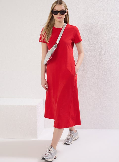 Red Plain T-shirt Dress Pocket Detailed Midi Stretch Knit Dress