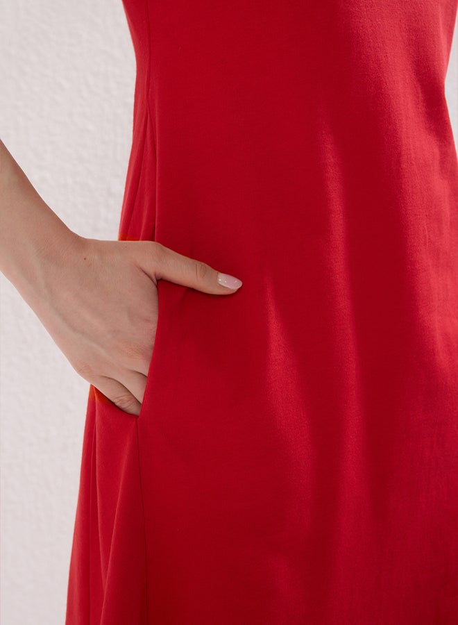 trendyol Red Plain T-shirt Dress Pocket Detailed Midi Stretch Knit Dress - Image 3