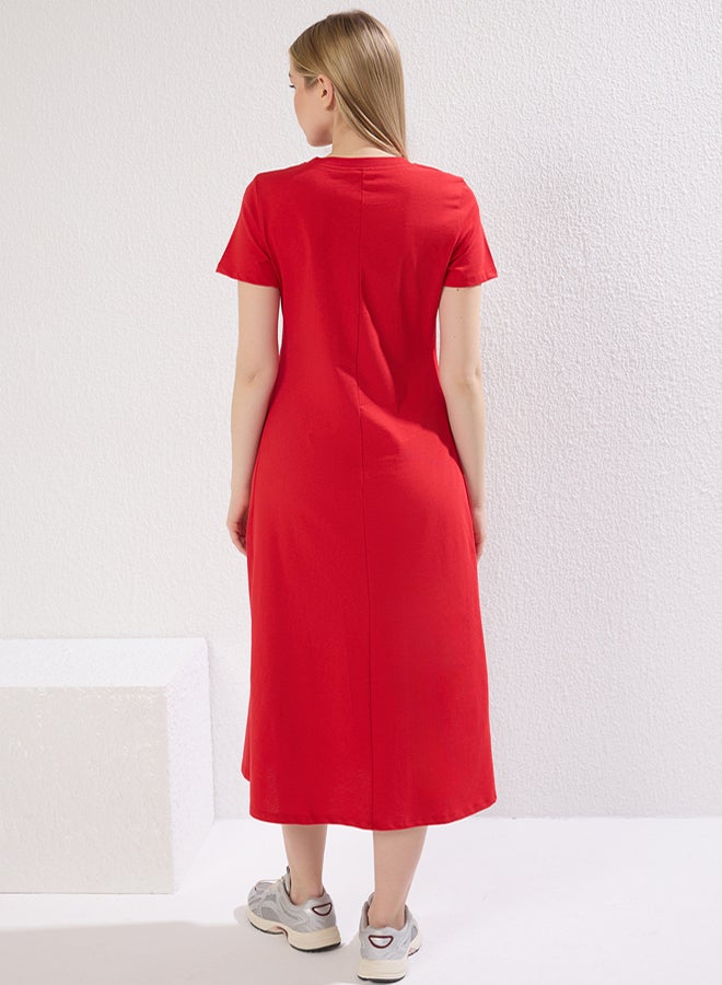 trendyol Red Plain T-shirt Dress Pocket Detailed Midi Stretch Knit Dress - Image 4