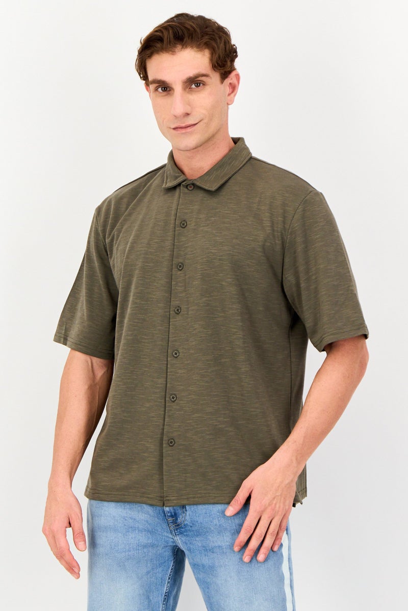 Core Elements Men Regular Fit Chambray Short Sleeve Casual Shirt, Dark Olive - Image 1