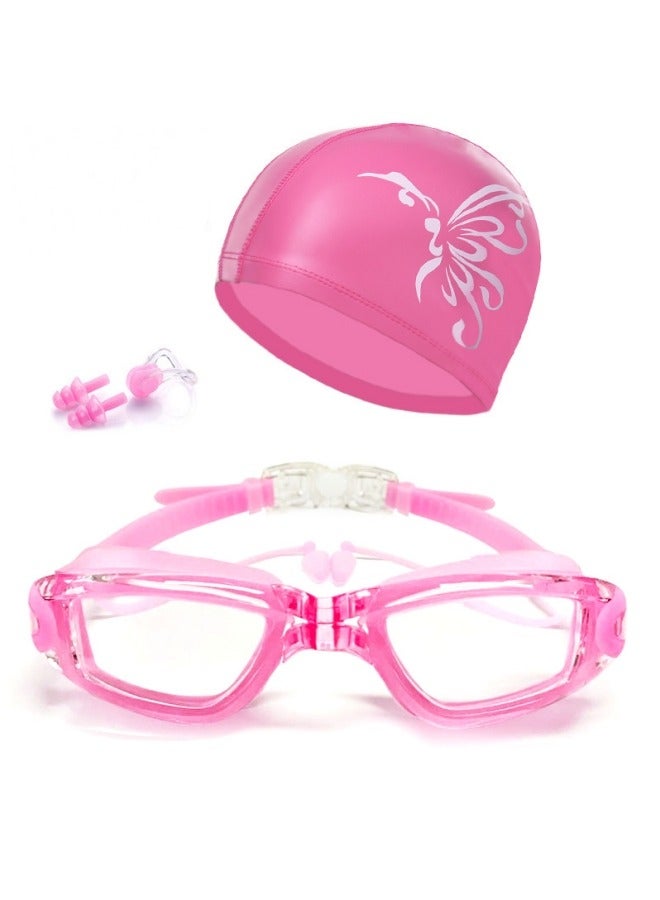 Generic Swimming Kit | Goggles - Cap - Earplugs - Nose clip | Comfortable Adjustable Anti Fog UV Protected lenses | For Adults or Kids Men or Women | No Leaking | Pink - Image 1