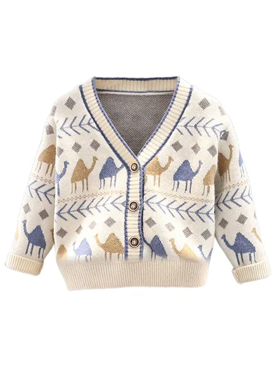 LITTLE SURPRISE BOX Kids Cream Camel Troop, Cardigan V neck Sweater