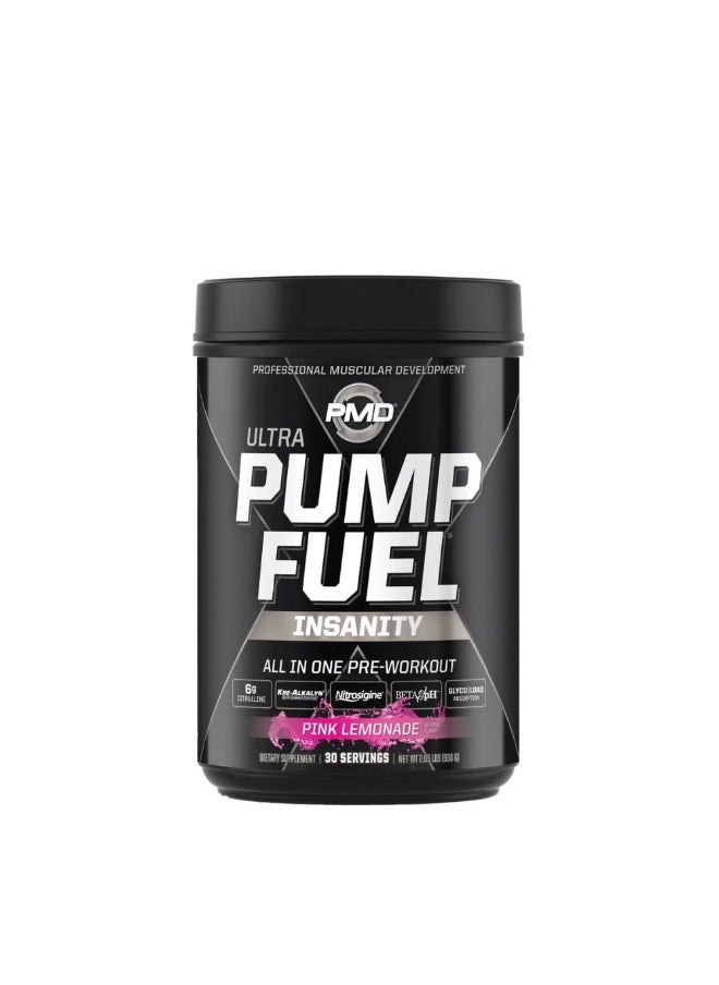 بي ام دي - PMD Sports Ultra Pump Fuel Insanity - مزيج مشروب ما قبل التمرين للحصول على الطاقة والقوة والقدرة على التحمل وضخ العضلات والتعافي - كربوهيدرات معقدة وطاقة أمينية - مشروب ليمون وردي كهربائي (30 وجبة) - Image 1