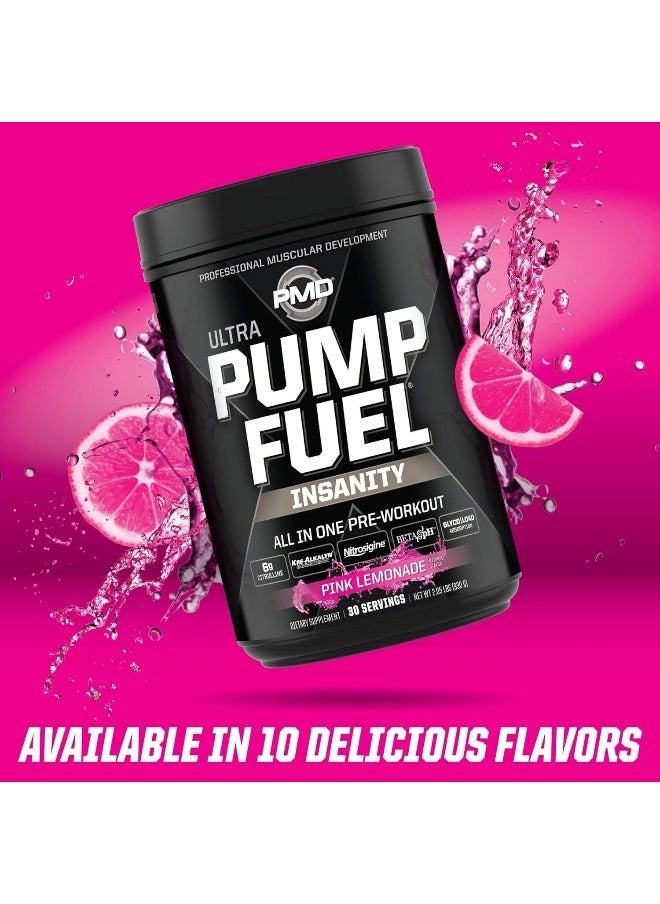 بي ام دي - PMD Sports Ultra Pump Fuel Insanity - مزيج مشروب ما قبل التمرين للحصول على الطاقة والقوة والقدرة على التحمل وضخ العضلات والتعافي - كربوهيدرات معقدة وطاقة أمينية - مشروب ليمون وردي كهربائي (30 وجبة) - Image 1
