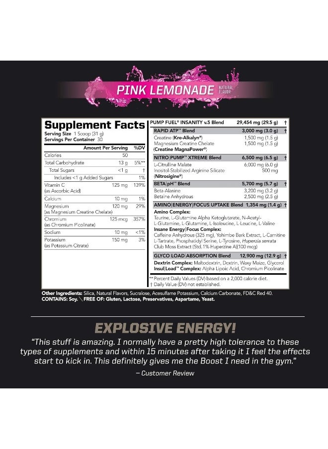 بي ام دي - PMD Sports Ultra Pump Fuel Insanity - مزيج مشروب ما قبل التمرين للحصول على الطاقة والقوة والقدرة على التحمل وضخ العضلات والتعافي - كربوهيدرات معقدة وطاقة أمينية - مشروب ليمون وردي كهربائي (30 وجبة) - Image 1