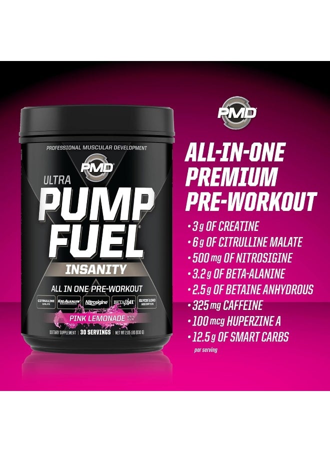 بي ام دي - PMD Sports Ultra Pump Fuel Insanity - مزيج مشروب ما قبل التمرين للحصول على الطاقة والقوة والقدرة على التحمل وضخ العضلات والتعافي - كربوهيدرات معقدة وطاقة أمينية - مشروب ليمون وردي كهربائي (30 وجبة) - Image 1