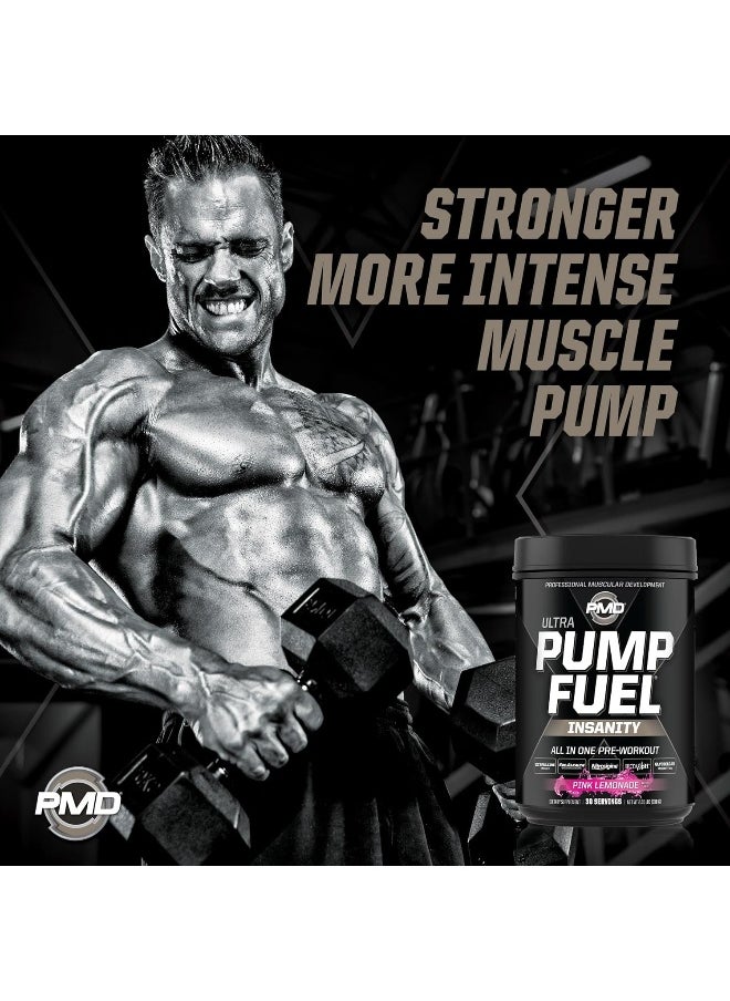 بي ام دي - PMD Sports Ultra Pump Fuel Insanity - مزيج مشروب ما قبل التمرين للحصول على الطاقة والقوة والقدرة على التحمل وضخ العضلات والتعافي - كربوهيدرات معقدة وطاقة أمينية - مشروب ليمون وردي كهربائي (30 وجبة) - Image 1