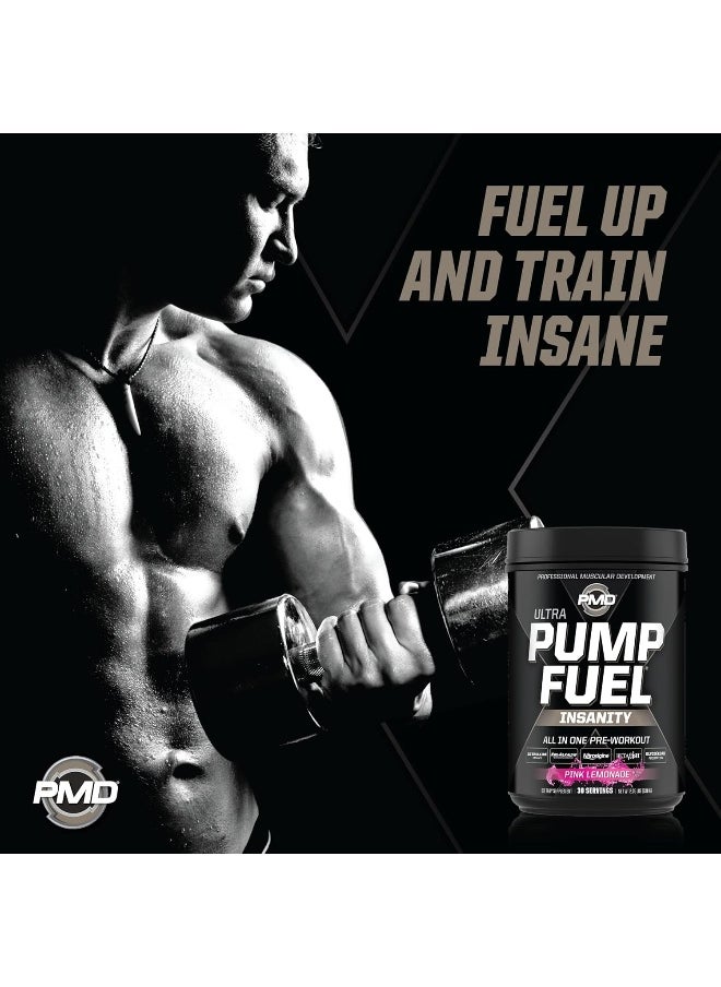 بي ام دي - PMD Sports Ultra Pump Fuel Insanity - مزيج مشروب ما قبل التمرين للحصول على الطاقة والقوة والقدرة على التحمل وضخ العضلات والتعافي - كربوهيدرات معقدة وطاقة أمينية - مشروب ليمون وردي كهربائي (30 وجبة) - Image 1