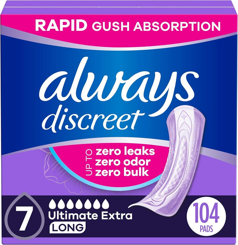 Always Discreet Adult Incontinence Pads for Women Ultimate Extra Absorbency Long Length Postpartum Pads 104 Count 4 Packs of 26 - Image 1