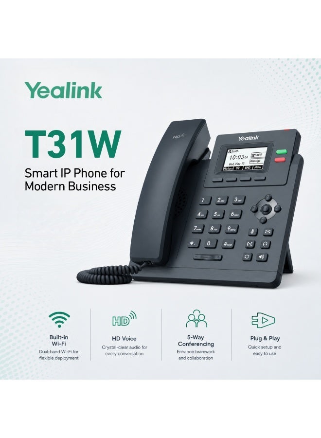 يالينك Yealink SIP-T31W IP Phone - Built-In WiFi, 2.3-Inch Backlit LCD, 2 SIP Lines, HD Voice, for Office & Remote Work Setups - Image 1