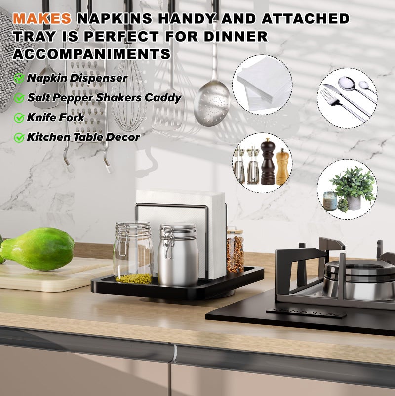 Gomyrod Rotating Napkin Holder for Table, Bamboo Standing Napkin Dispenser with Salt Pepper Shakers Caddy, Black Metal Hand Towel Holder for Bathroom Home Kitchen Farmhouse Decor Not Including Shakers - Image 3