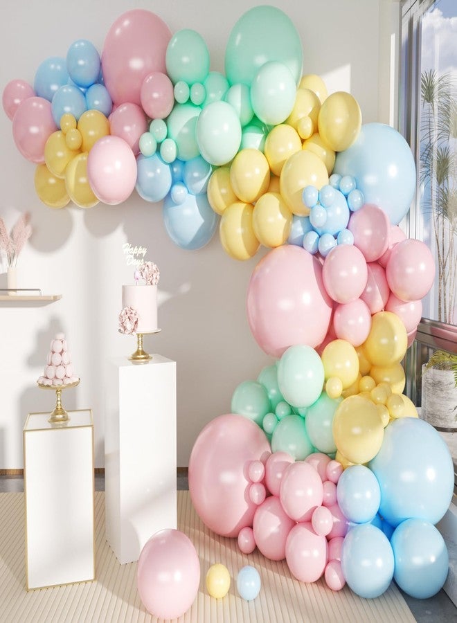 طقم قوس بالونات باستيل من MEBAY، 146 قطعة من بالونات اللاتكس بألوان الماكرون الوردي والأزرق والأخضر والأصفر بأحجام مختلفة (18، 12، 10، 5 بوصة) لتزيين حفلات الكشف عن جنس المولود وحفلات استقبال المولود وحفلات الزفاف وأعياد الميلاد - Image 1