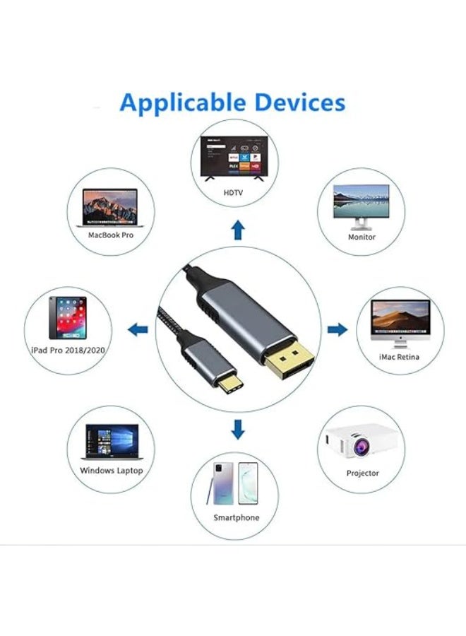 USB Type C to Display Port Cable 2 Meters Braided Male to Male 8K 60Hz Thunderbolt 3 Compatible for Laptops Tablets and Phones - Image 2