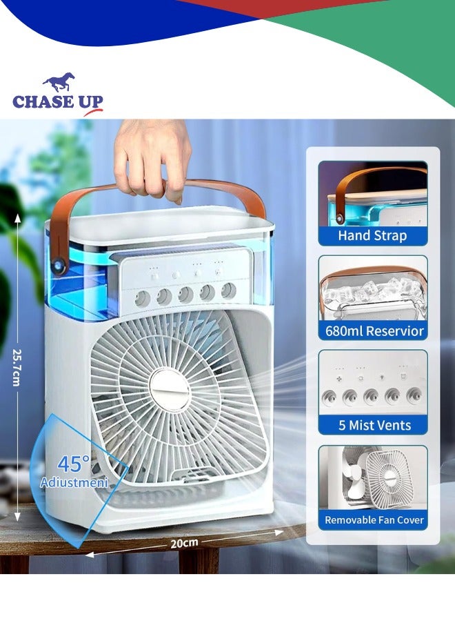 تشيس اب مروحة تبريد مكيف هواء محمولة، مروحة مكتب USB بثلاث سرعات للرياح و7 ألوان إضاءة LED وخزان مياه سعة 680 مل، مروحة مكيف هواء تبخيري صغيرة للغرفة والمكتب، مبرد هواء شخصي - Image 3