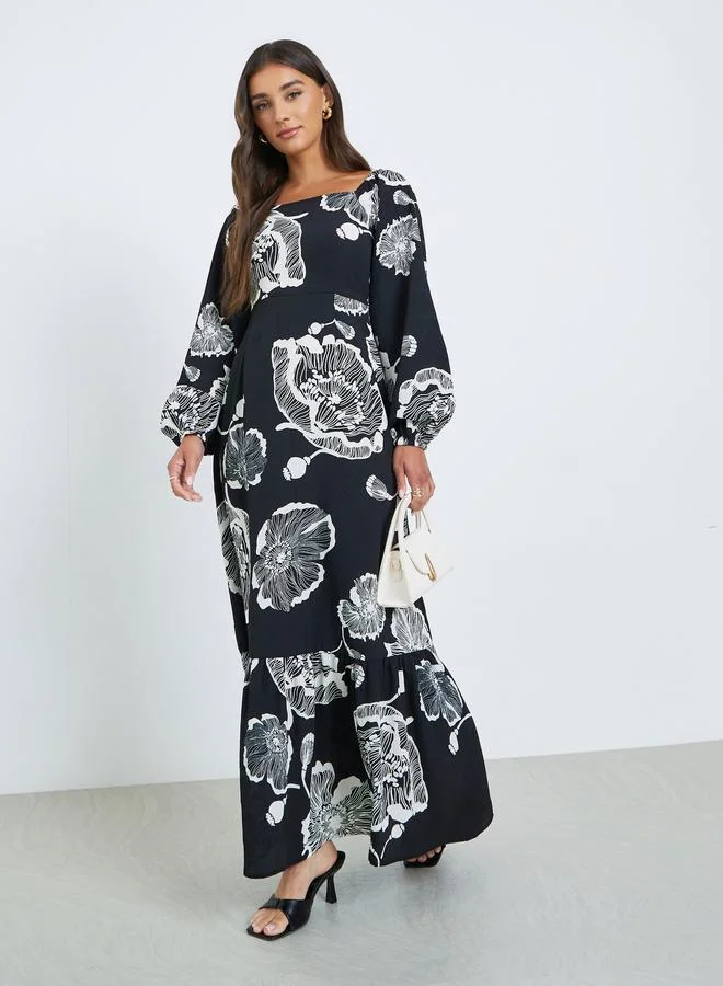 Styli Black Floral Square Neck Maxi Dress