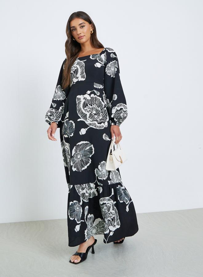 Styli Black Floral Square Neck Maxi Dress - Image 2