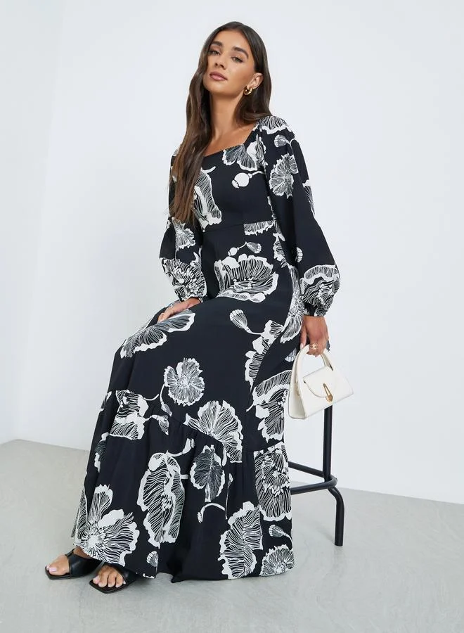Styli Black Floral Square Neck Maxi Dress