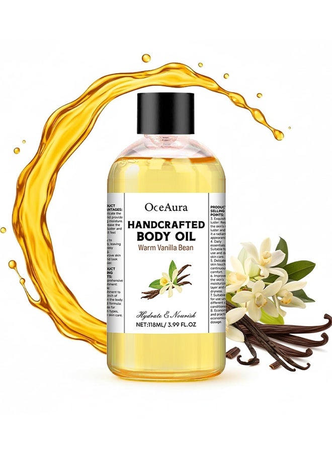 OceAura Warm Vanilla Bean Body Massage Oil, Body Juice Oil Vanilla, Moisturizing Body Oil Vanilla, Handcrafted Body Oil, Smooth Supple Skin, Natural Massage Oil For Date Night, Moisturising Body Oil For Dry Skin, Organic, Vegan, 118ml - Image 1