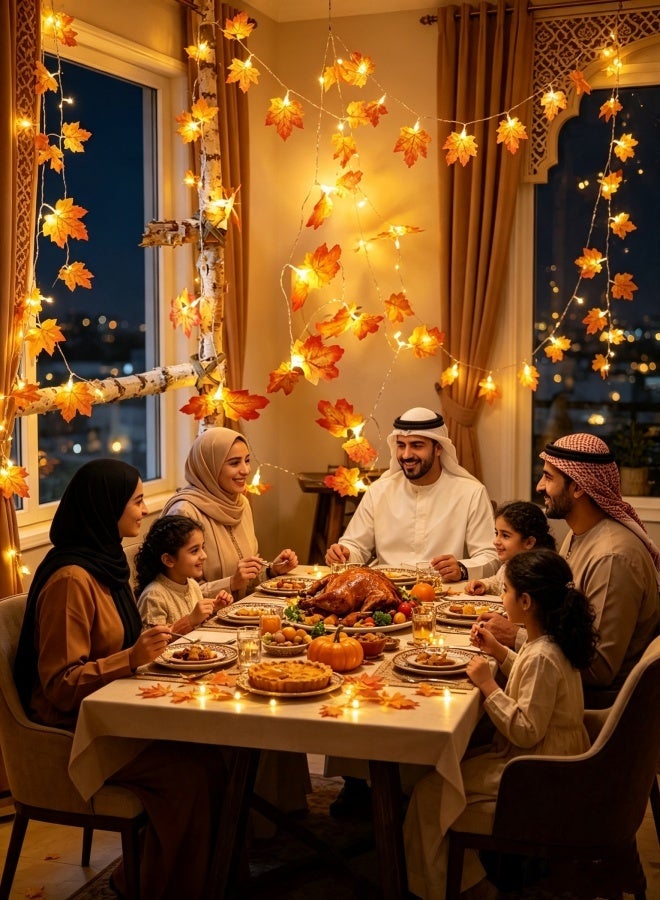 سلسلة أضواء بتصميم أوراق القيقب الخريفية (1.5 متر، 10 مصابيح LED) – تتميز بوضعي تشغيل (إضاءة ثابتة ووميض) وتعمل بالبطارية؛ زينة معلّقة احتفالية مثالية لعيد الشكر، والهالوين، والحفلات، وديكور المنزل، والهدايا - Image 3